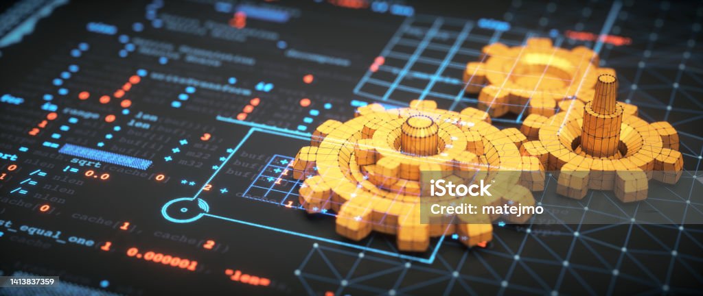 Engineering design concept with a blueprint surface, conceptual 3D gears models and glowing programming language overlay. Gear - Mechanism Stock Photo