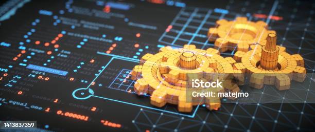 Engineering Design Concept With A Blueprint Surface Conceptual 3d Gears Models And Glowing Programming Language Overlay Stock Photo - Download Image Now