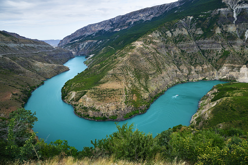 Sulak canyon. One of the deepest canyons in the world and the deepest in Europe. Natural landmark of Dagestan, Russia. View from the rocks near the Miatlin reservoir dam.