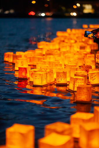Lanterns of Hope, Wishes, Love, Memories, and Goals moving along a river. \n\nShallow DOF