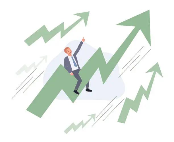 Vector illustration of businessman riding green rising up graph. growing up business concept. Vector illusrtation