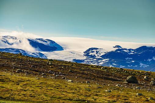 Hardangervidda mountain plateau landscape. National tourist route. Norway in summer.