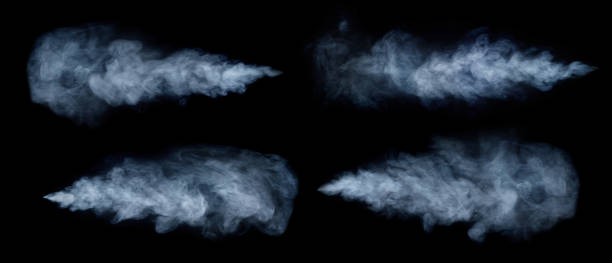 Fog, steam, smoke set isolated on black background. White cloudiness, mist or smog background. stock photo