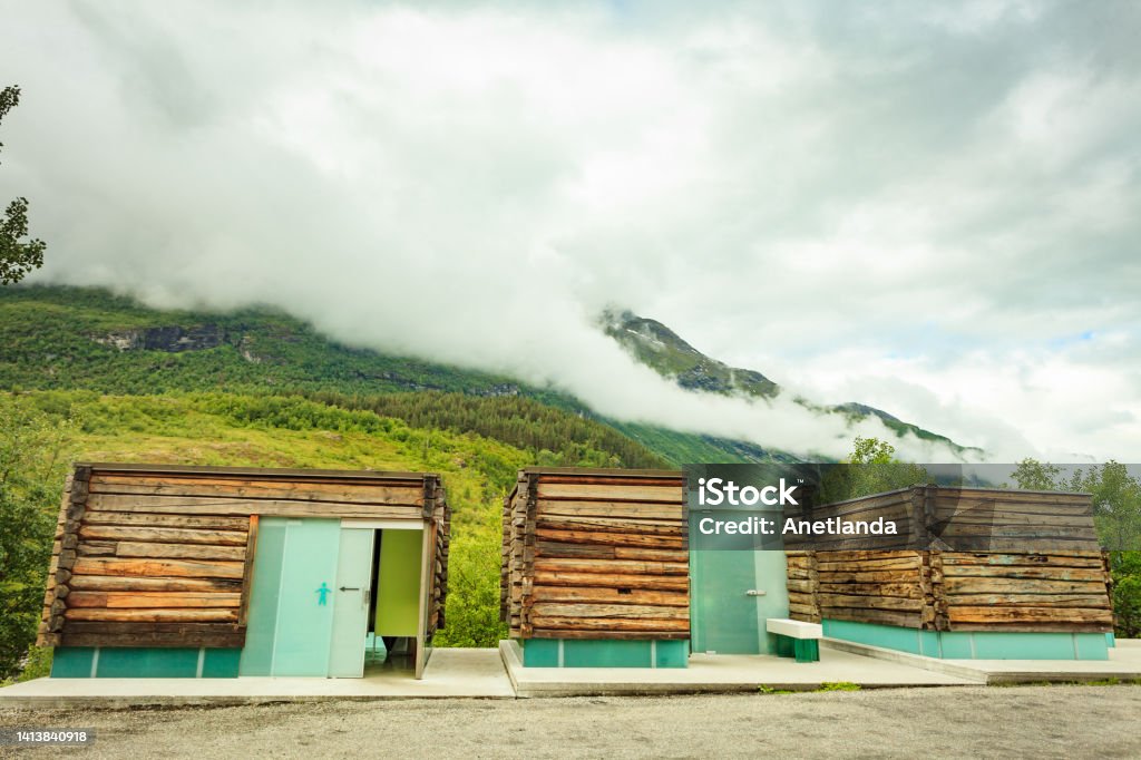 Flydalsjuvet plateau with facilities, Norway Flydalsjuvet information and view point, lower plateau with toilet facilities. Geiranger National Tourist Route in Norway Architecture Stock Photo