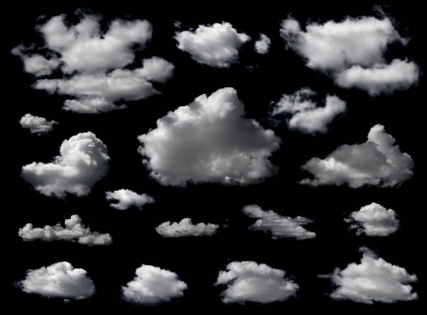 istock Clouds set isolated on black background. White cloudiness, mist or smog background. 1413841017