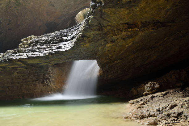 Canyon in the mountain gorge, mountain river, sunlight, Saltinsky waterfall Dagestan Russia