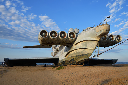 The abandoned Soviet Lun-class ekranoplan on the coast of the Caspian Sea. Dagestan. Russia