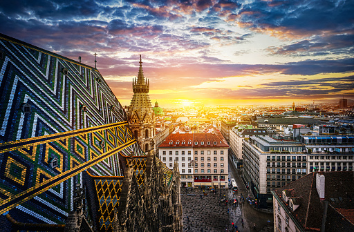 View of Vienna from the roof of St. Stephen's Cathedral, Vienna, Austria. St. Stephen's Cathedral is a symbol and landmark of the city of Vienna.