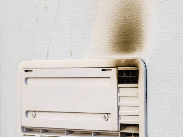 istock Camper car detail. Grid, ventilation plate for fridge with smoke 1413842125