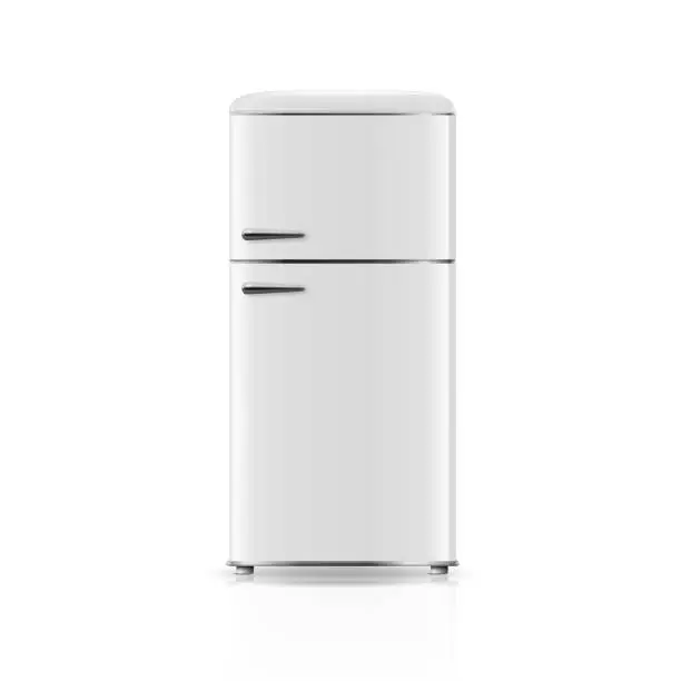 Vector illustration of Vector 3d Realistic White Retro Vintage Fridge Icon Isolated on White. Vertical Refrigerator. Closed Fridge. Design Template, Mockup of Fridge. Front View