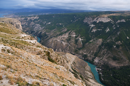 Sulak canyon. One of the deepest canyons in the world and the deepest in Europe. Natural landmark of Dagestan, Russia. View from the rocks near the Miatlin reservoir dam.