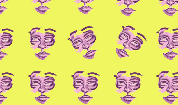 yellow template with hand-drawn face party masks, two masks facing differently, creativity, party time