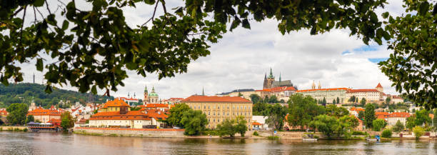 istock Hradcany - waterfront view across the river Vltava to the Prague castle, view framed by tree foliage, Czech republic 1413846961