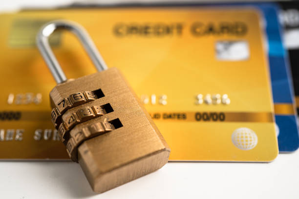 istock Credit card with password key lock security, exchange finance concept. 1413847128