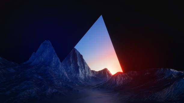 istock 3d render, abstract futuristic landscape, panoramic background. Rocky mountains under the sunset sky, geometric triangular portal. Fantastic aesthetic wallpaper 1413848214