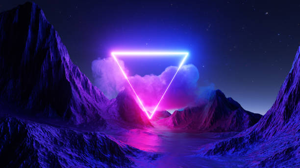3d render. Abstract futuristic background. Fantastic landscape with glowing geometric triangle, stormy cloud and mountains under the night sky stock photo