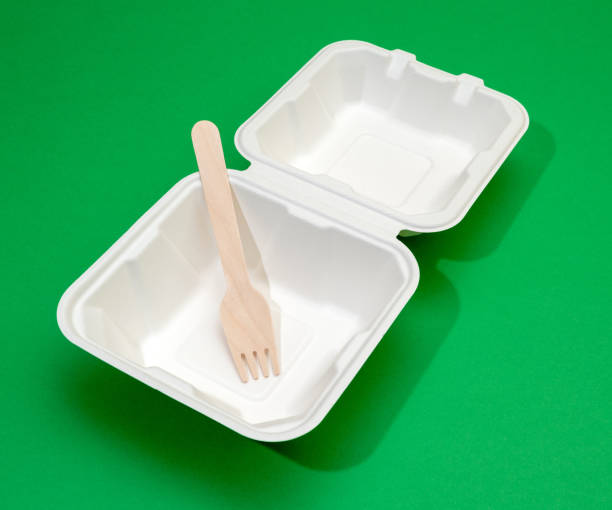 Open clean biodegradable bento box with wooden fork on green background. Selective focus. Images for articles about environmental friendliness, cakes. stock photo