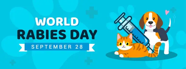 Vector illustration of World Rabies Day greeting card banner vector design. Cute cartoon Beagle dog and orange tabby cat