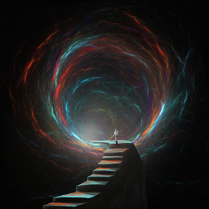 Astronaut walking on stairs to fractal colorful glowing portal. Fantasy, future digital painting, 3D rendering