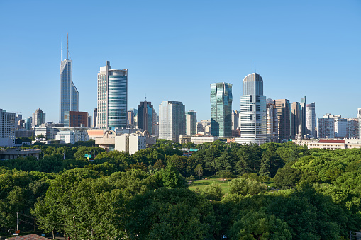 City skyline and public park in Shanghai, China