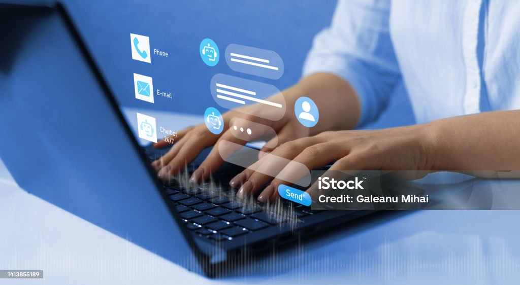 Chat bot  service concept. Virtual assistant and CRM software automation technology. Customer using online service with chat bot to get support. Chat bot  service concept. Virtual assistant and CRM software automation technology. Customer using online service with chat bot to get support Chatbot Stock Photo