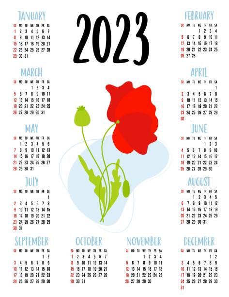 kalender für 2023 mit schöner roter mohnblume. vektorillustration. vertikale kalendervorlage für 12 monate in englischer sprache. die woche beginnt am sonntag. schreibwaren, druck, organizer, dekor. - red pattern poppy plant stock-grafiken, -clipart, -cartoons und -symbole