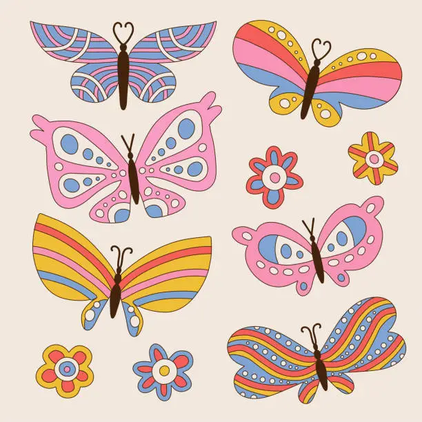 Vector illustration of Set of retro butterflies in 60s 70s groovy style isolated. Flowers Child elements Collection. Vintage Hippie butterfly. Vector hand drawn illustration.