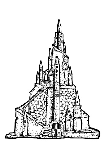 Castle with high towers - hand drawn - vector illustration