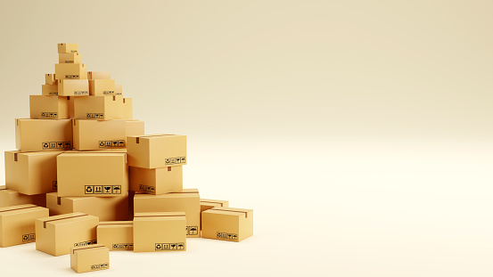 Stack of cardboard carton boxes parcel on color background, 3D illustration