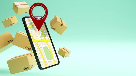Red navigator pin checking with a map on smartphone with carton box, 3d illustration