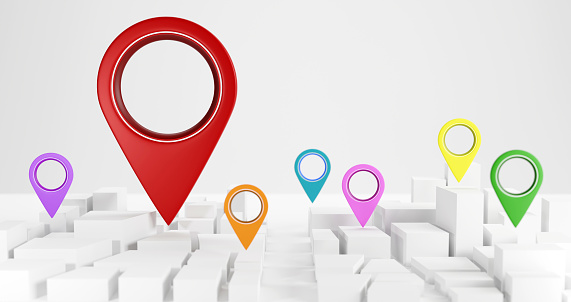 Red Location pin icon in urban environment on white background, 3D illustration