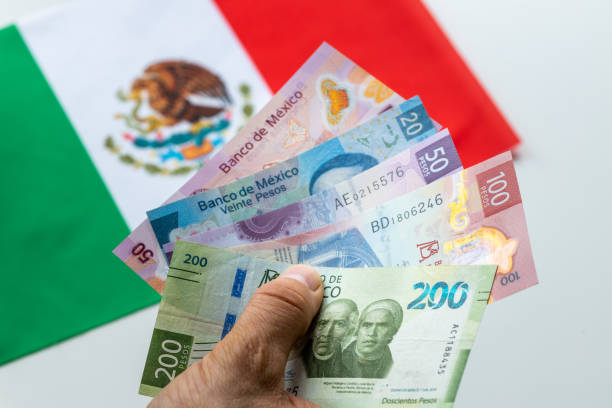 dinheiro mexicano mantido na mão contra o fundo da bandeira mexicana - number transparent finance business - fotografias e filmes do acervo