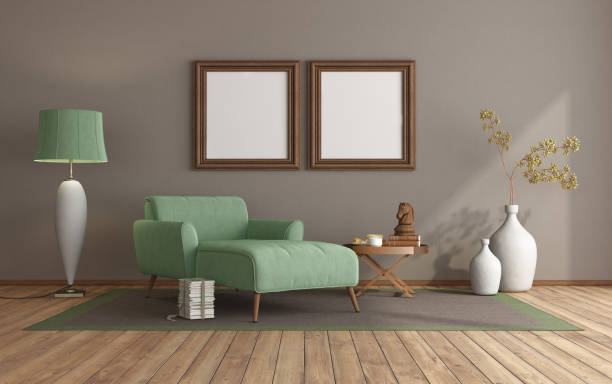 Poster mockup in a modern living room Modern living room with green chaise lounge, brown wall and hardwood floor - 3d rendering
Note:  room does not exist in reality, Property model is not necessary chaise longue stock pictures, royalty-free photos & images