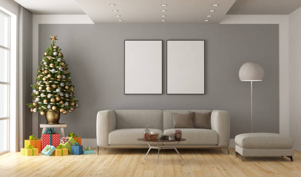 istock Minimalist empty room with sofa, Christmas tree and gift 1413865186