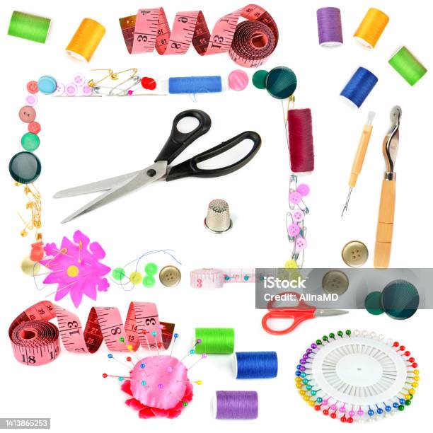 Sewing Tools And Accessories Stock Photo - Download Image Now - Sewing Kit,  White Background, High Angle View - iStock
