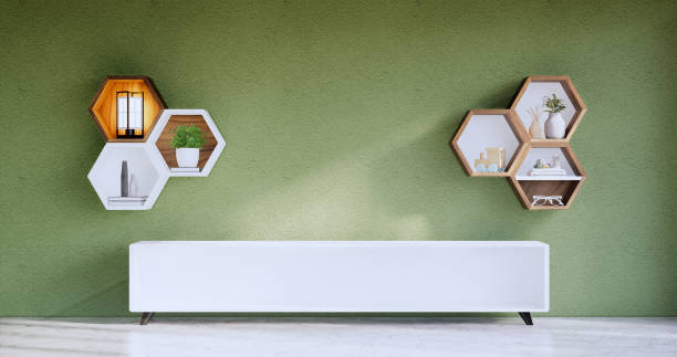 istock Hexagon wooden shelf japanese design on green wall background.3D rendering 1413865563