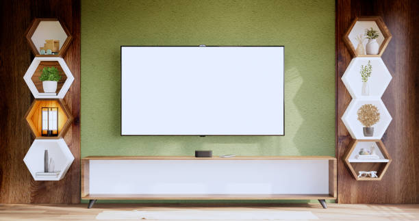 istock Hexagon wooden shelf japanese design on green wall background.3D rendering 1413865614