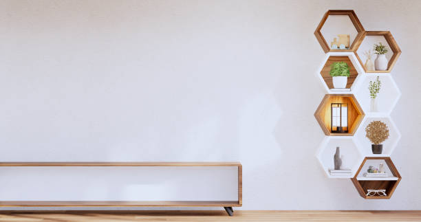 istock Hexagon wooden shelf japanese on wall background.3D rendering 1413865620