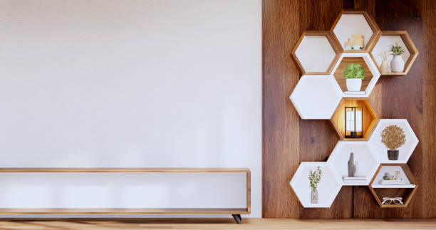 istock Hexagon wooden shelf japanese on wall background.3D rendering 1413865622