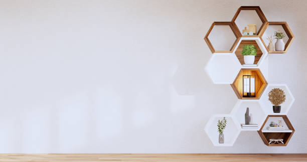 istock Hexagon wooden shelf japanese on wall background.3D rendering 1413865624