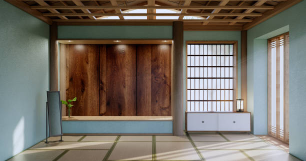 istock Mint Empty large hall, Asia interior cleaning room zen style. 3D rendering 1413865808