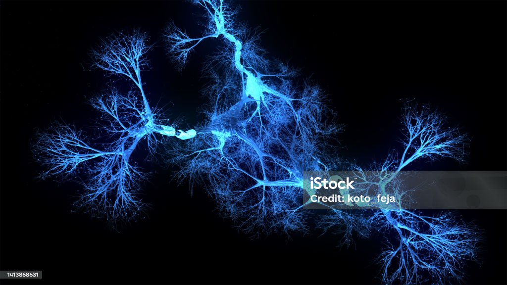 Neuron system hologram Neuron system hologram - 3d rendered image of Neuron cell network on black background. Hologram view  interconnected neurons cells with electrical pulses. Conceptual medical image.  Glowing synapse.  Healthcare concept. Nerve Cell Stock Photo