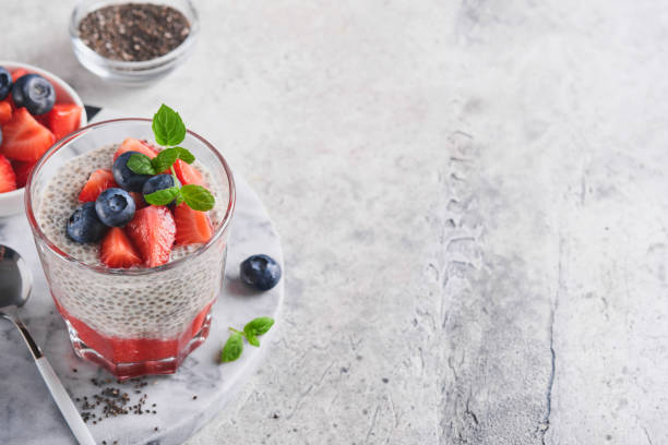 istock Chia strawberry pudding. Healthy vegan breakfast chia seeds pudding with fresh berries and mint in glass on gray concrete background. Concept of healthy eating, dieting, fitness menu. Selective focus. 1413869358
