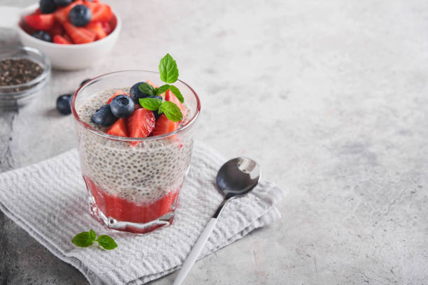 istock Chia strawberry pudding. Healthy vegan breakfast chia seeds pudding with fresh berries and mint in glass on gray concrete background. Concept of healthy eating, dieting, fitness menu. Selective focus. 1413869426