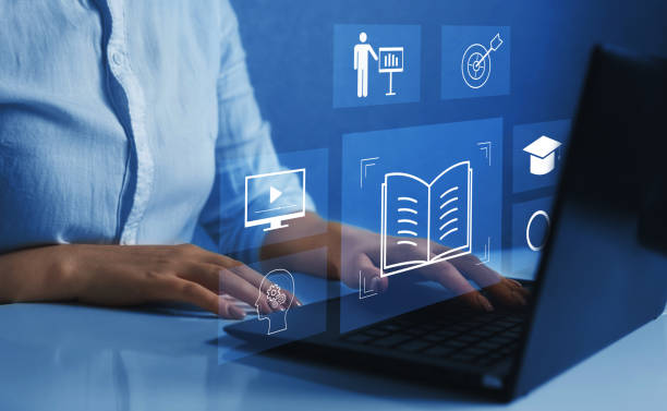 Person who attends online lessons on a digital screen. E-learning education, internet lessons and online webinar. Education internet Technology.