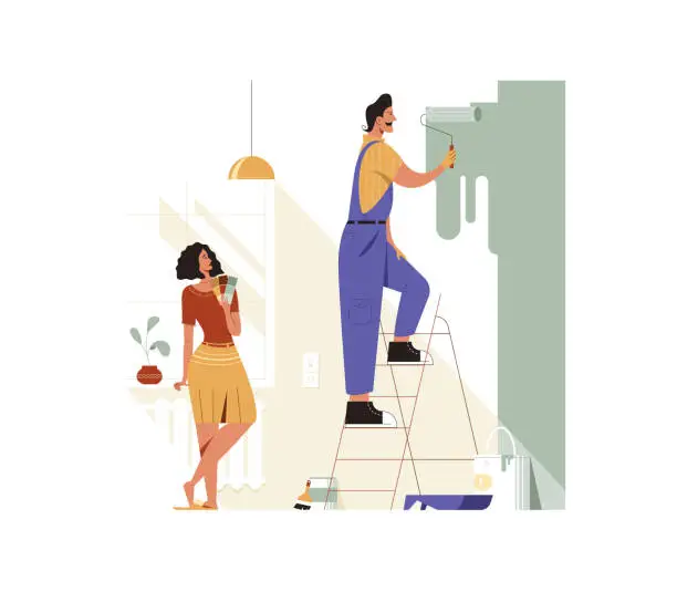 Vector illustration of Decorator services flat vector illustration. Painter man painting white wall with roller. Woman chooses a color.