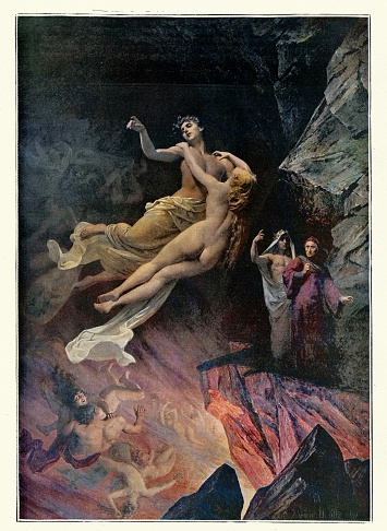 Vintage illustration after the painting by Eugène Deully, Dante and Virgil in the Underworld