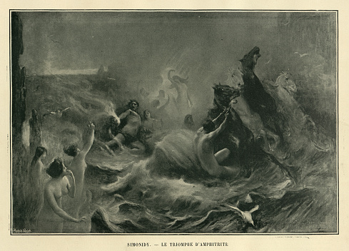 Vintage illustration after the painting by Simonidy, le triomphe d'amphitrite, the triumph of amphitrite, 19th Century art. In ancient Greek mythology, Amphitrite was a sea goddess and wife of Poseidon and the queen of the sea.