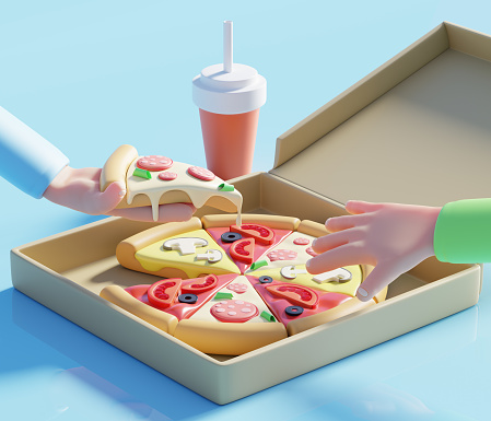3D rendering pizza in a box on a wooden table, a hand holds a piece of pizza and the other hand reaches for another piece.
