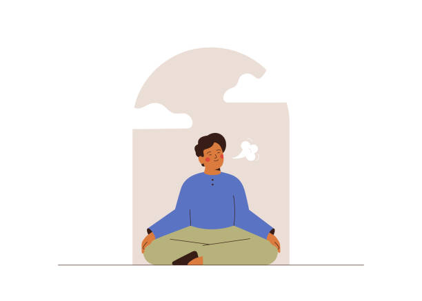 stockillustraties, clipart, cartoons en iconen met calm man meditating in the window for saving mental health. young male relaxing in lotus posture and doing breathing exercises. - breathing